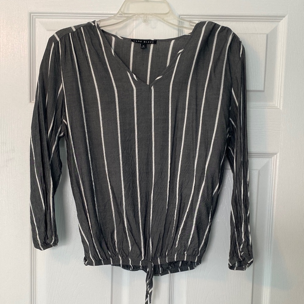 Como Black Charcoal Striped V-Neck Blouse